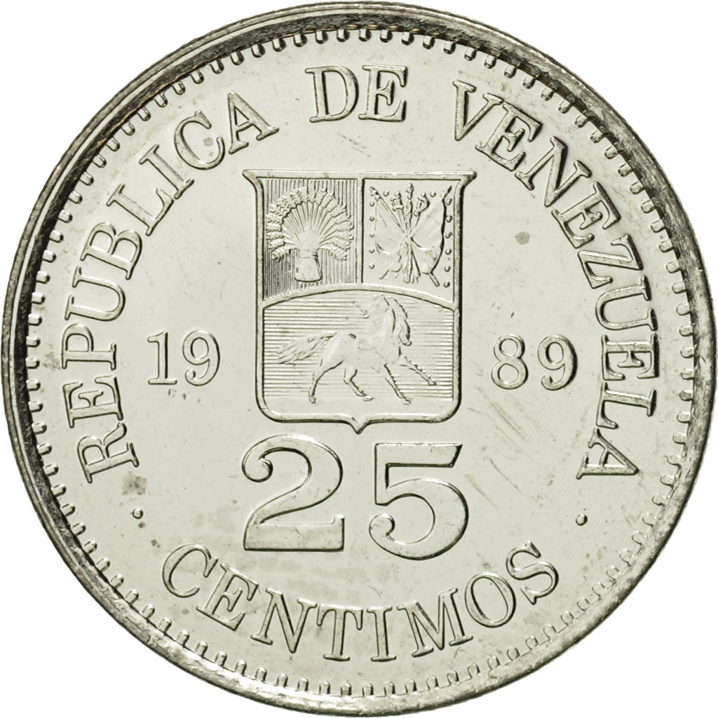 Coin, Venezuela, 25 Centimos, 1989, MS(65-70), Nickel Clad Steel, KM:50a
