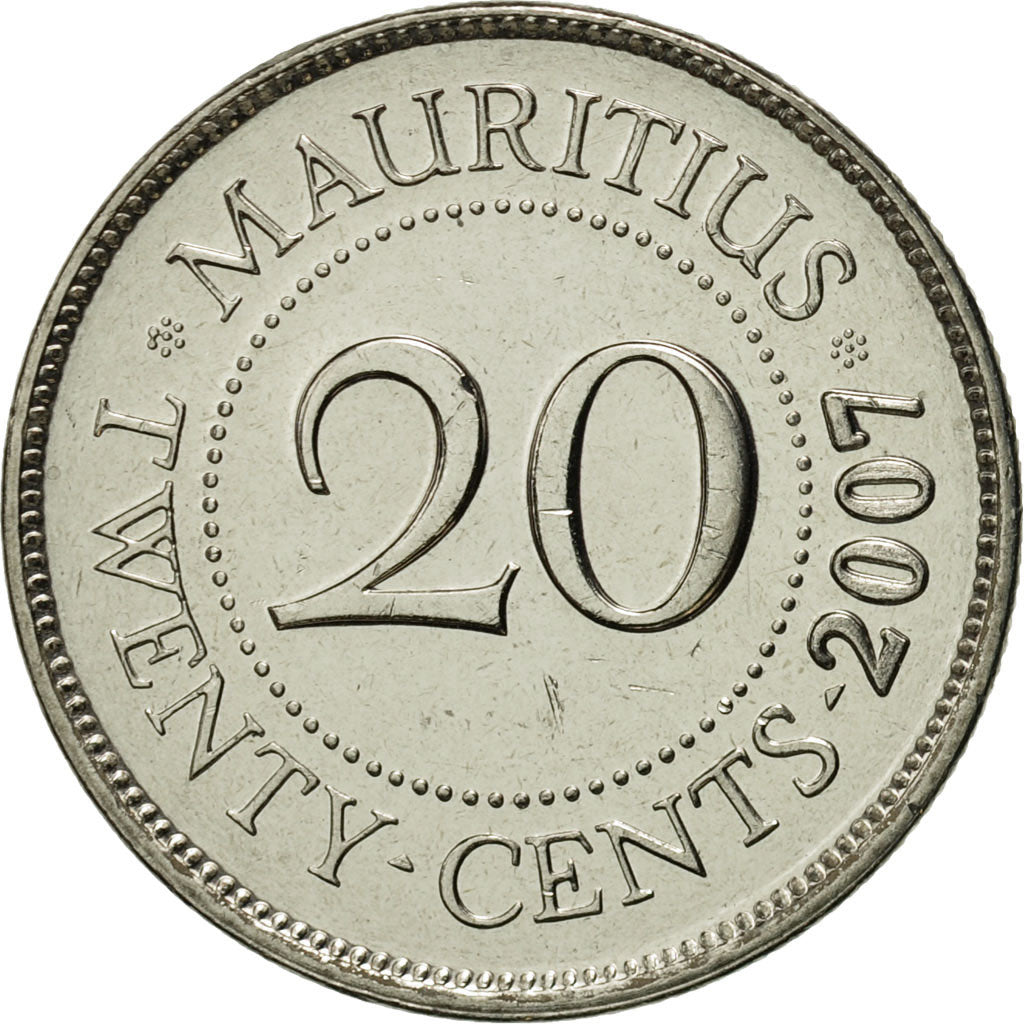 Coin, Mauritius, 20 Cents, 2007, MS(65-70), Nickel plated steel, KM:53