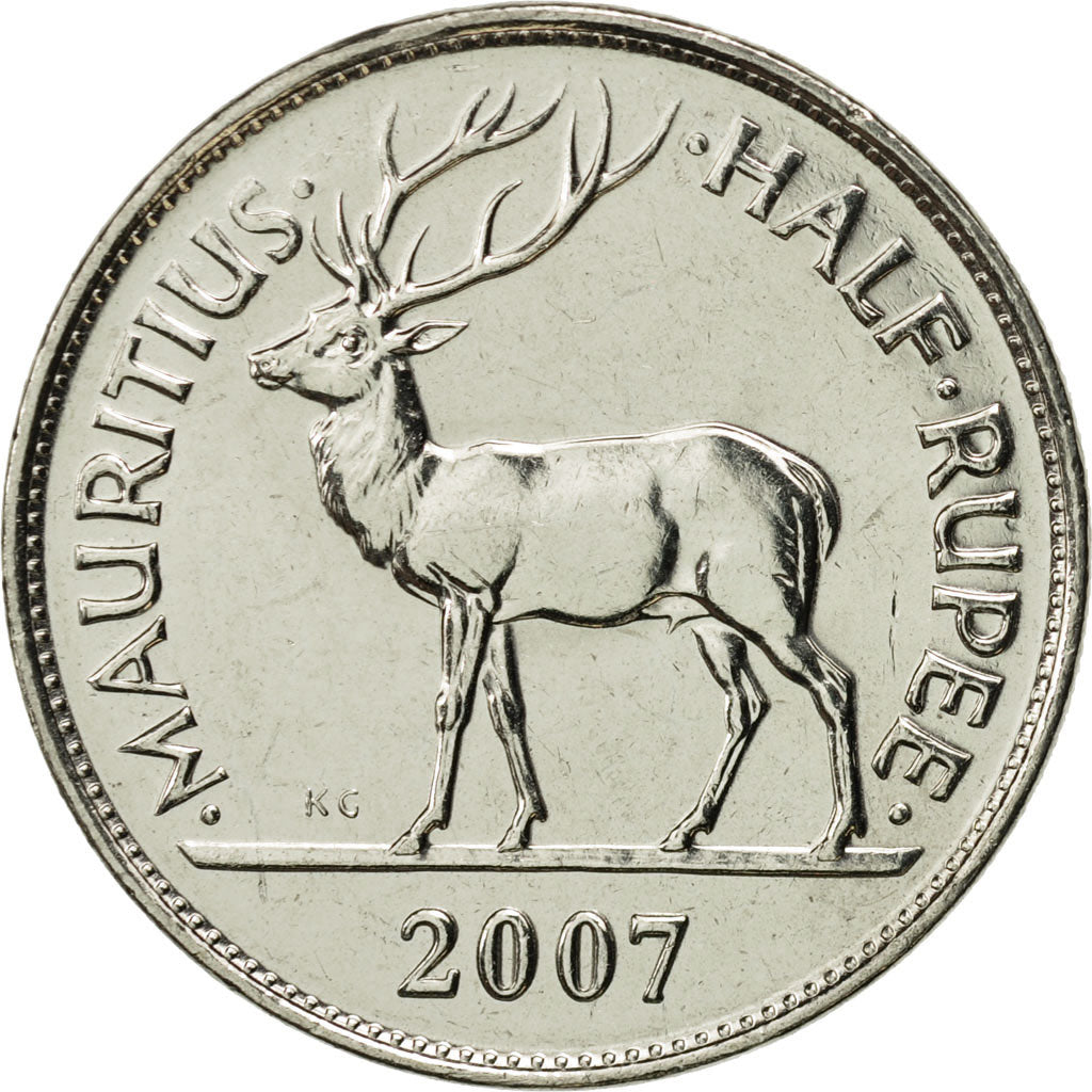 Coin, Mauritius, 1/2 Rupee, 2007, MS(65-70), Nickel plated steel, KM:54