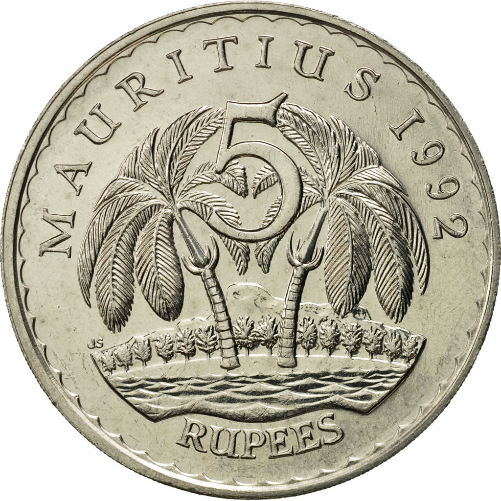 Coin, Mauritius, 5 Rupees, 1992, MS(65-70), Copper-nickel, KM:56