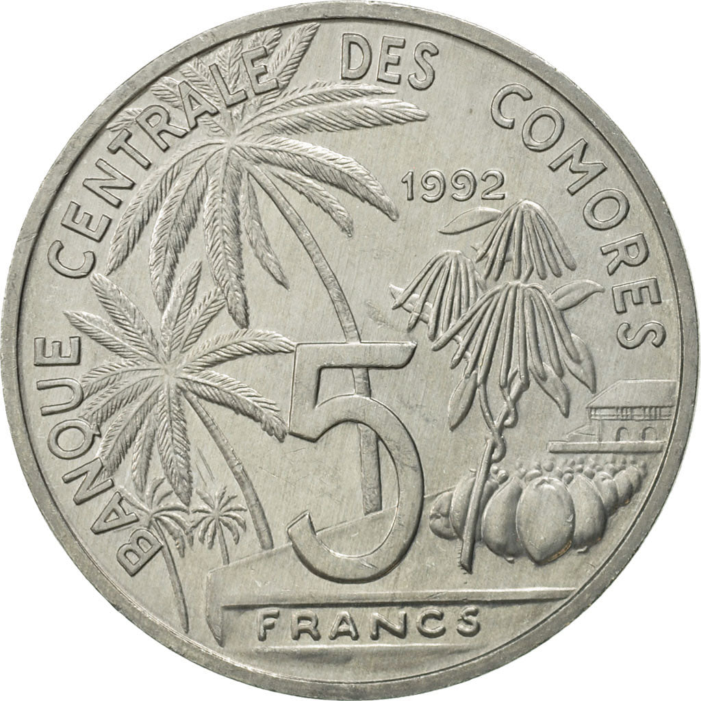 Comoros, 5 Francs, 1992, Paris, MS(65-70), Aluminum, KM:15