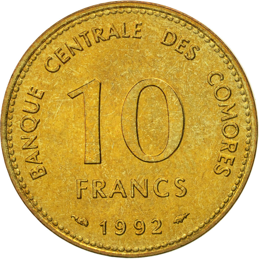 Comoros, 10 Francs, 1992, Paris, MS(63), Aluminum-Bronze, KM:17