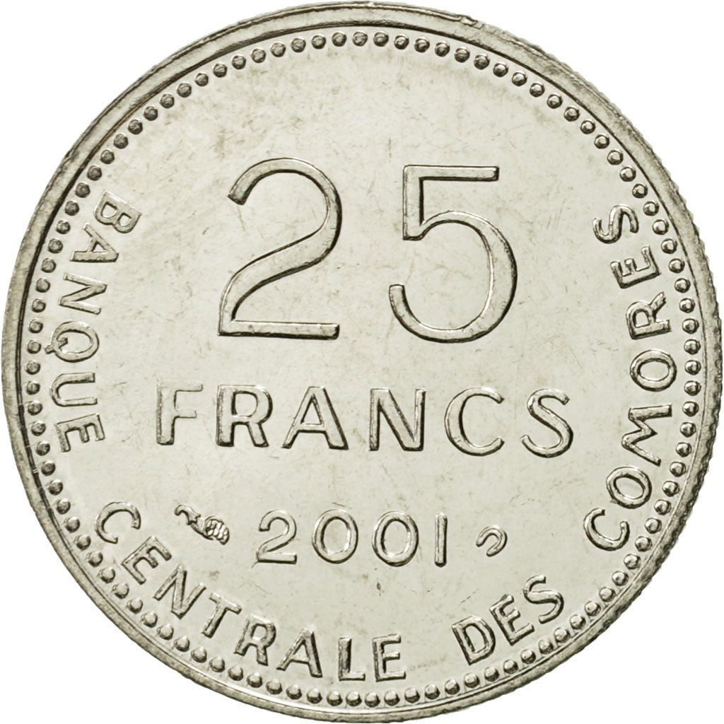 Comoros, 25 Francs, 2001, Paris, MS(65-70), Steel, KM:14A