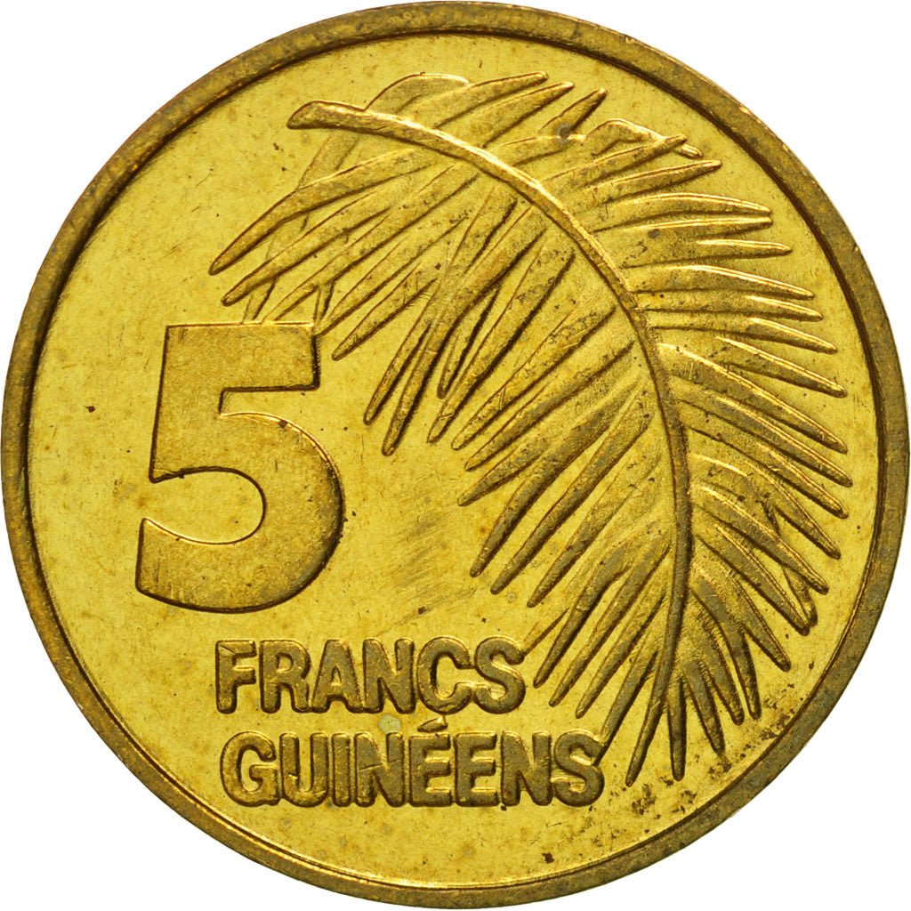 Coin, Guinea, 5 Francs, 1985, MS(65-70), Brass Clad Steel, KM:53
