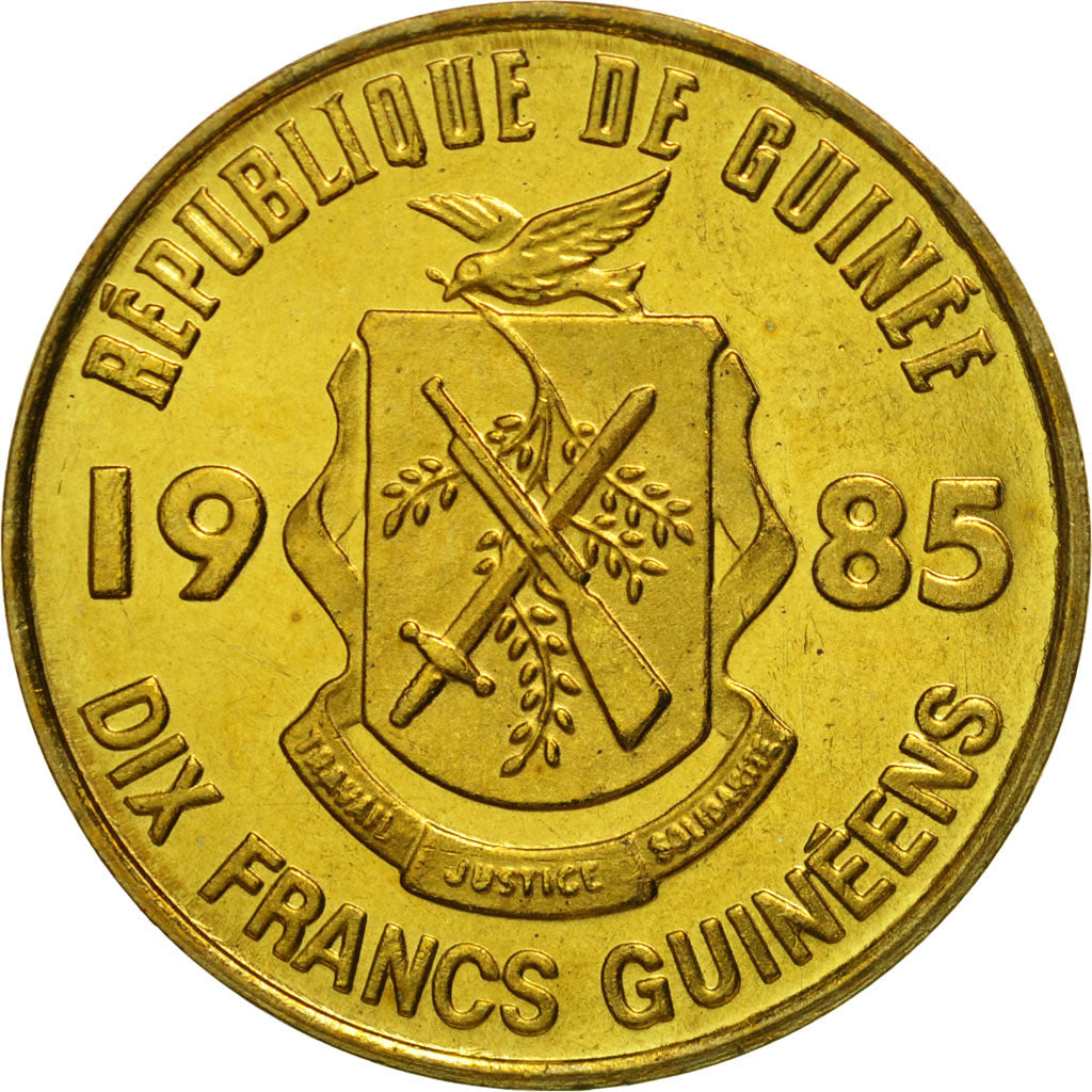 Guinea, 10 Francs, 1985, MS(65-70), Brass Clad Steel, KM:52