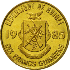 Guinea, 10 Francs, 1985, MS(65-70), Brass Clad Steel, KM:52