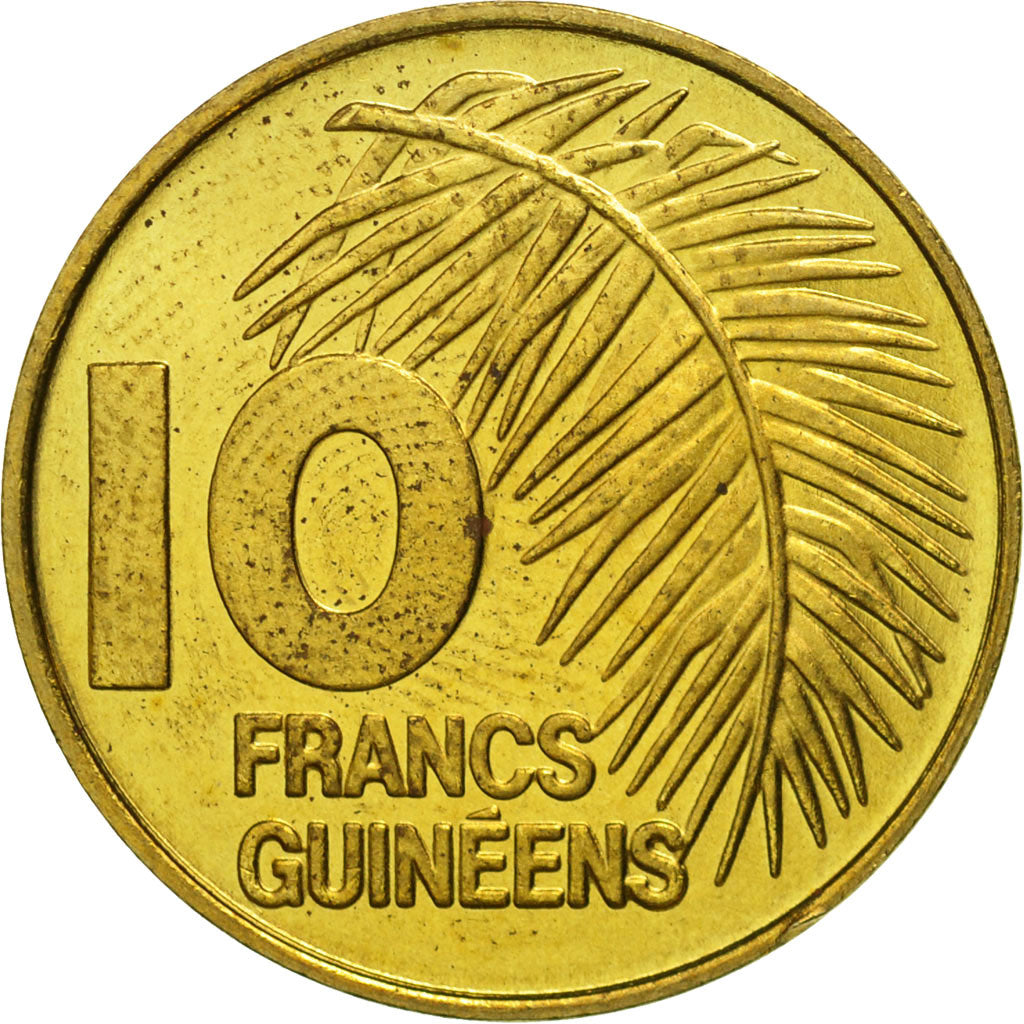 Guinea, 10 Francs, 1985, MS(65-70), Brass Clad Steel, KM:52