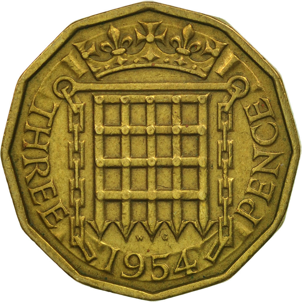Coin, Great Britain, Elizabeth II, 3 Pence, 1954, AU(55-58), Nickel-brass