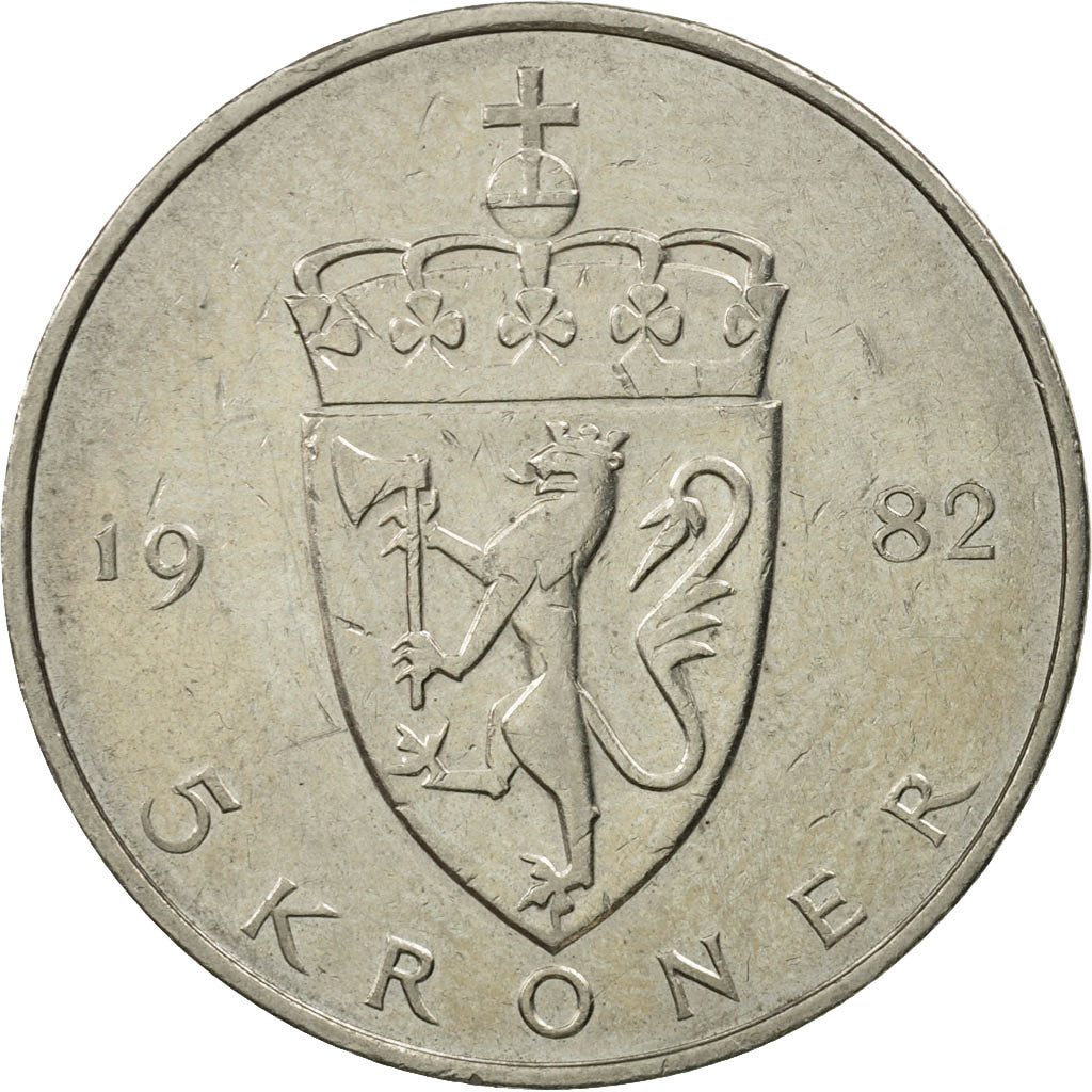 Coin, Norway, Olav V, 5 Kroner, 1982, AU(50-53), Copper-nickel, KM:420