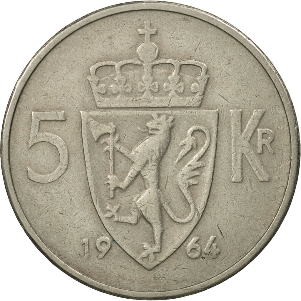 Coin, Norway, Olav V, 5 Kroner, 1964, AU(50-53), Copper-nickel, KM:412
