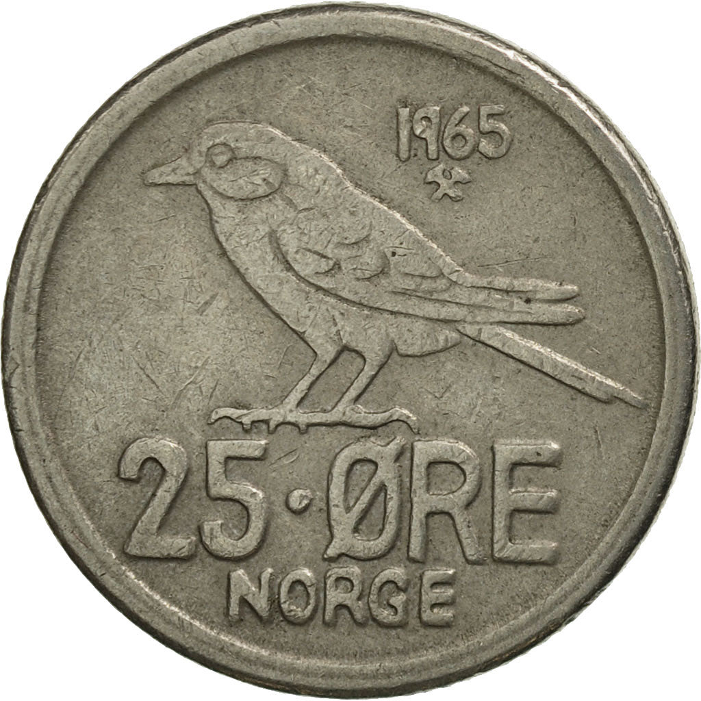 Coin, Norway, Olav V, 25 Öre, 1965, AU(55-58), Copper-nickel, KM:407