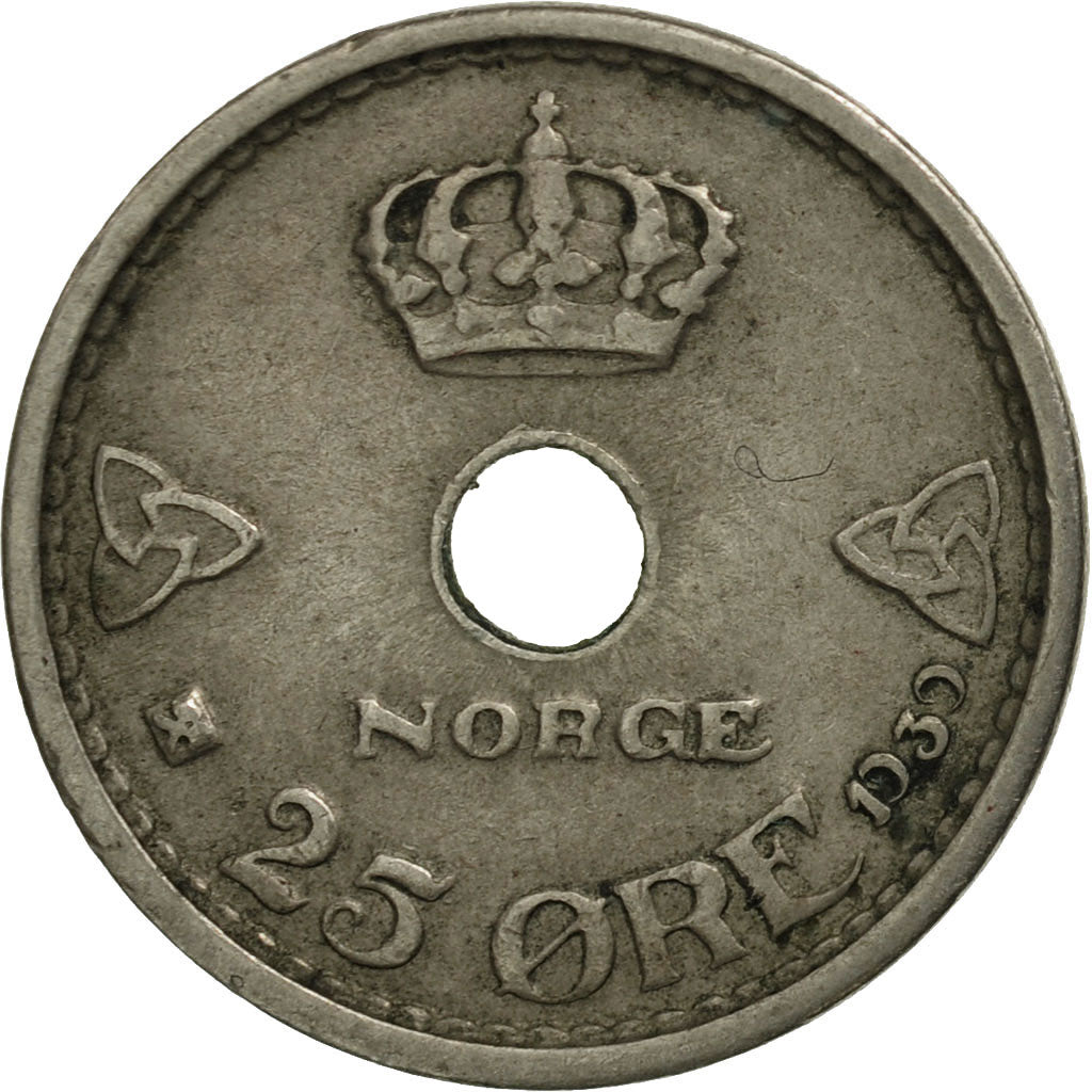 Norway, Haakon VII, 25 Öre, 1939, AU(50-53), Copper-nickel, KM:384