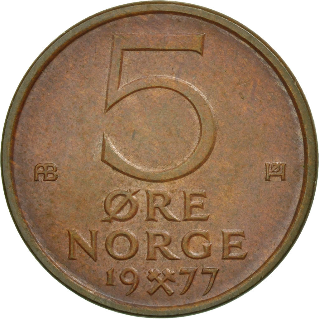 Coin, Norway, Olav V, 5 Öre, 1977, AU(55-58), Bronze, KM:415