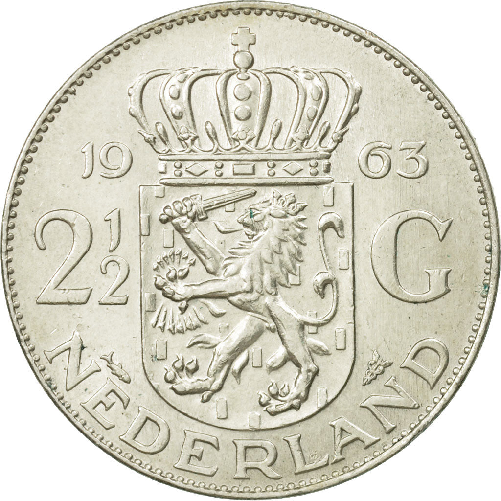 Coin, Netherlands, Juliana, 2-1/2 Gulden, 1963, MS(63), Silver, KM:185
