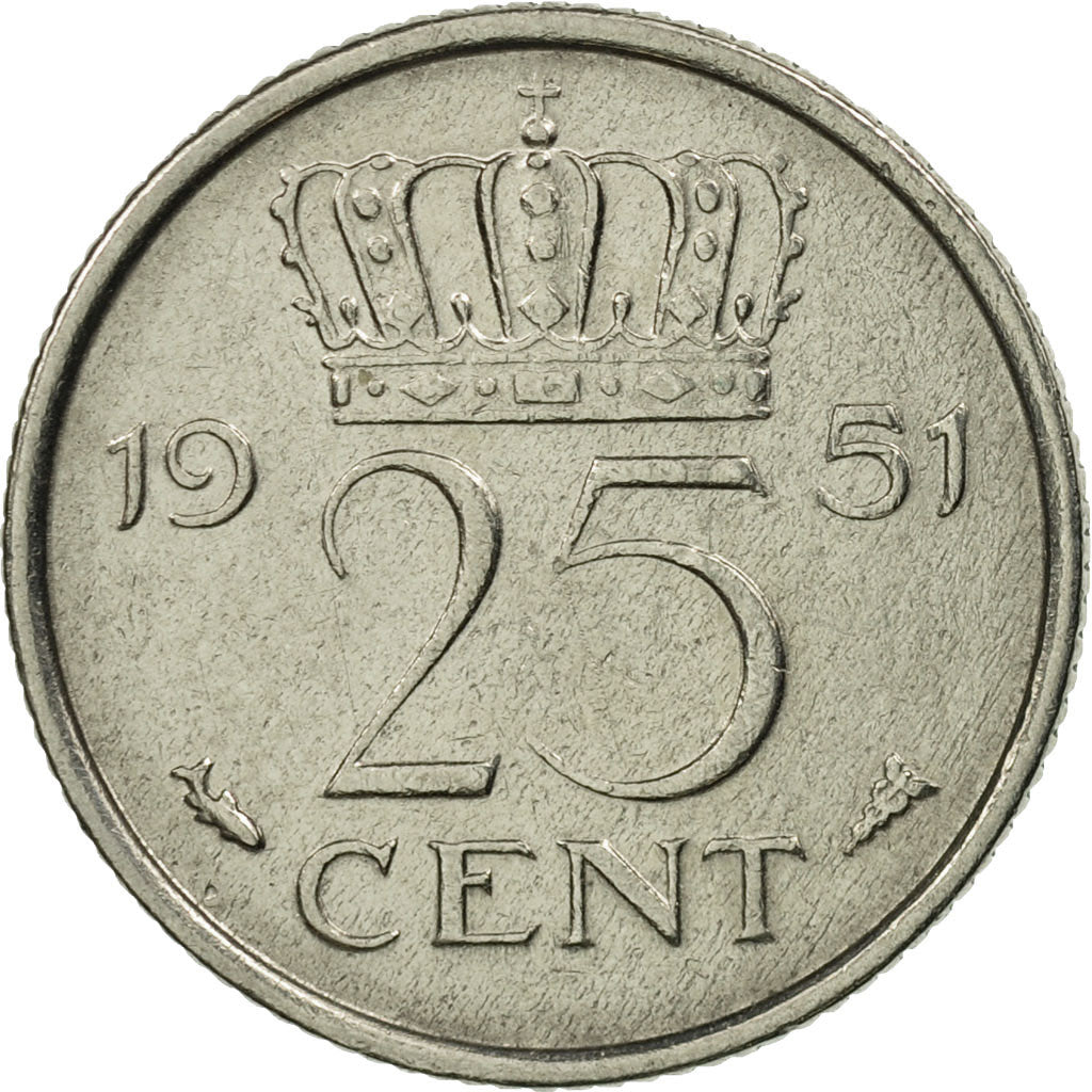 Coin, Netherlands, Juliana, 25 Cents, 1951, MS(63), Nickel, KM:183