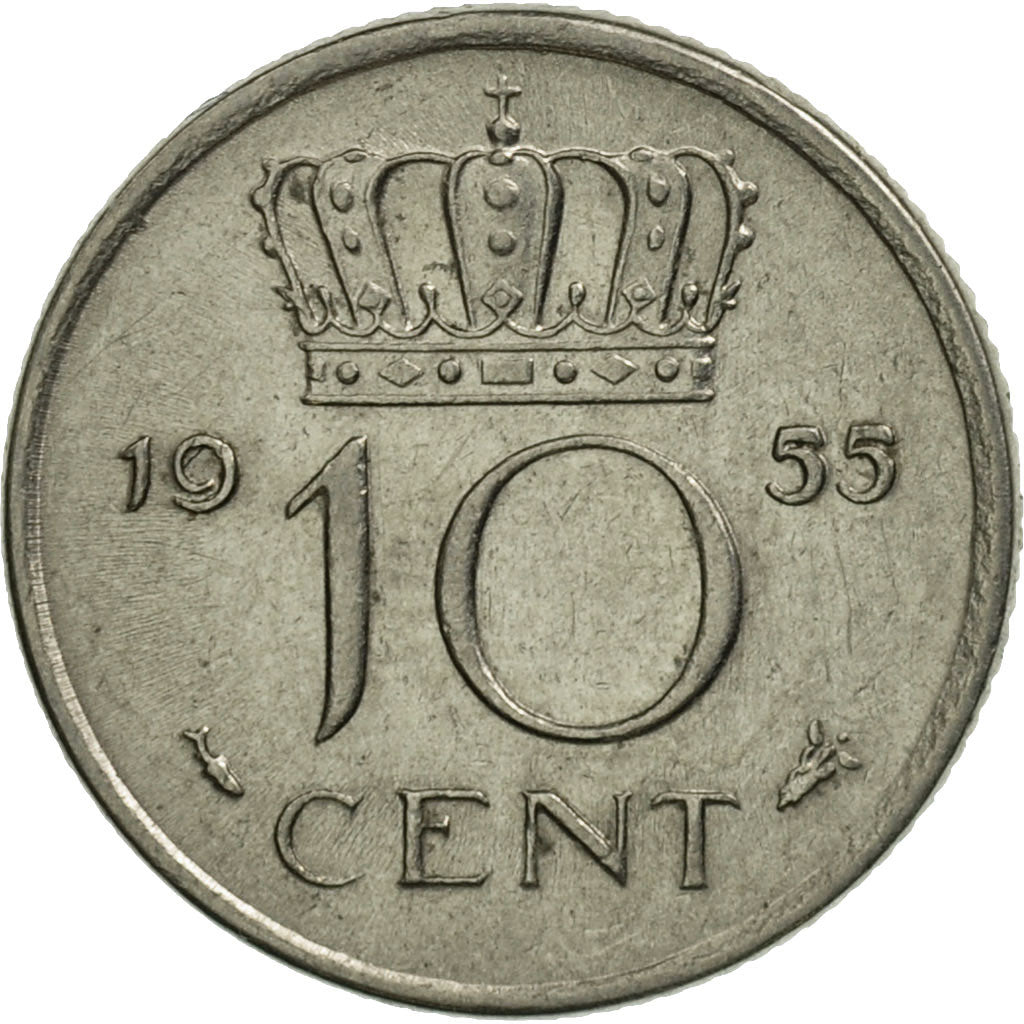 Coin, Netherlands, Juliana, 10 Cents, 1955, MS(63), Nickel, KM:182