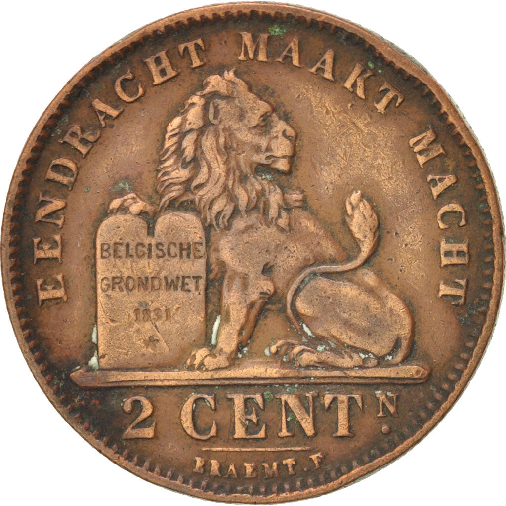 BELGIUM, 2 Centimes, 1911, KM #65, EF(40-45), Copper, 21.5