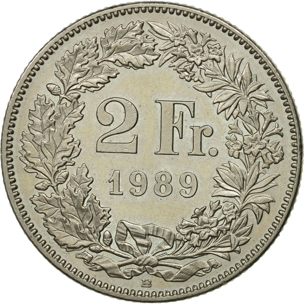 Moneta, Szwajcaria, 2 Francs, 1989, Bern, MS(63), Miedź-Nikiel, KM:21a.3