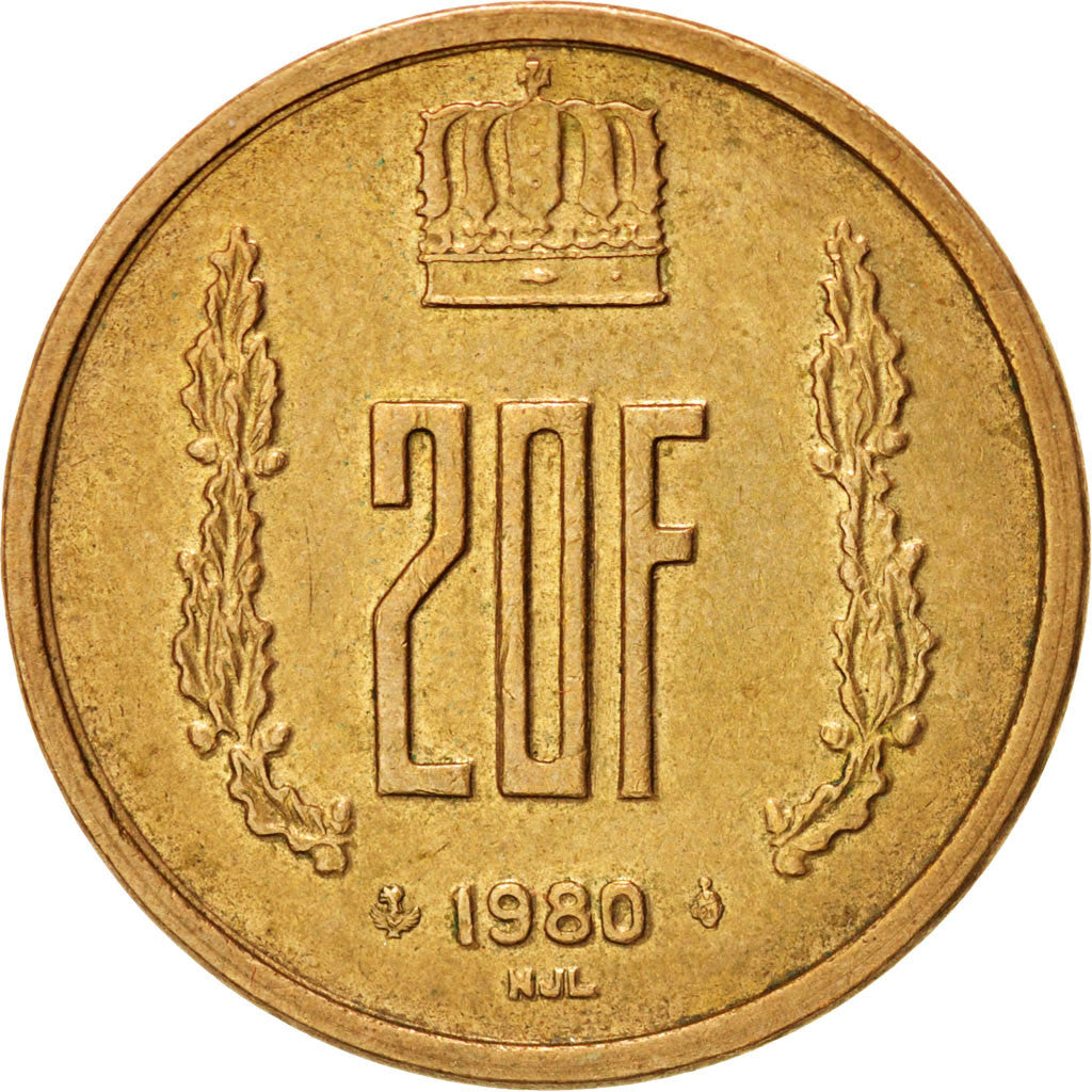 LUXEMBOURG, 20 Francs, 1980, KM #58, EF(40-45), Aluminum-Bronze, 25.65