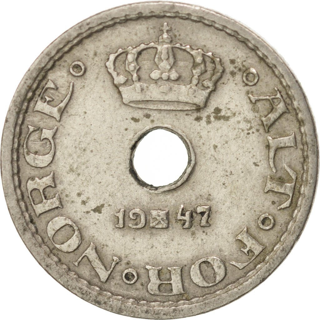 Norvegia, Haakon VII, 10 Öre, 1947, BB, Rame-nichel, KM:383