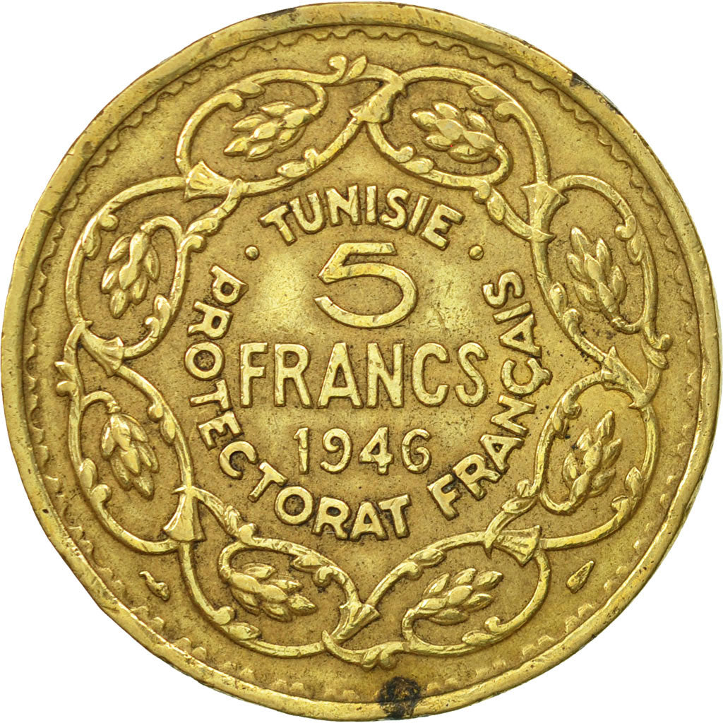 Coin, Tunisia, Muhammad al-Amin Bey, 5 Francs, 1946, Paris, AU(55-58)