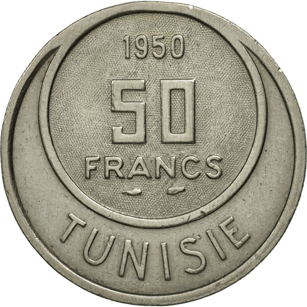 Tunisia, Muhammad al-Amin Bey, 50 Francs, 1950, Paris, MS(63), Copper-nickel