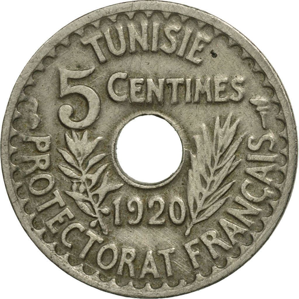Tunisia, Muhammad al-Nasir Bey, 5 Centimes, 1920, Paris, MS(63), Nickel-Bronze