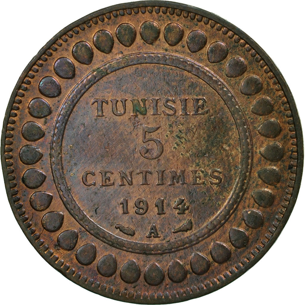 Coin, Tunisia, Muhammad al-Nasir Bey, 5 Centimes, 1914, Paris, AU(55-58)