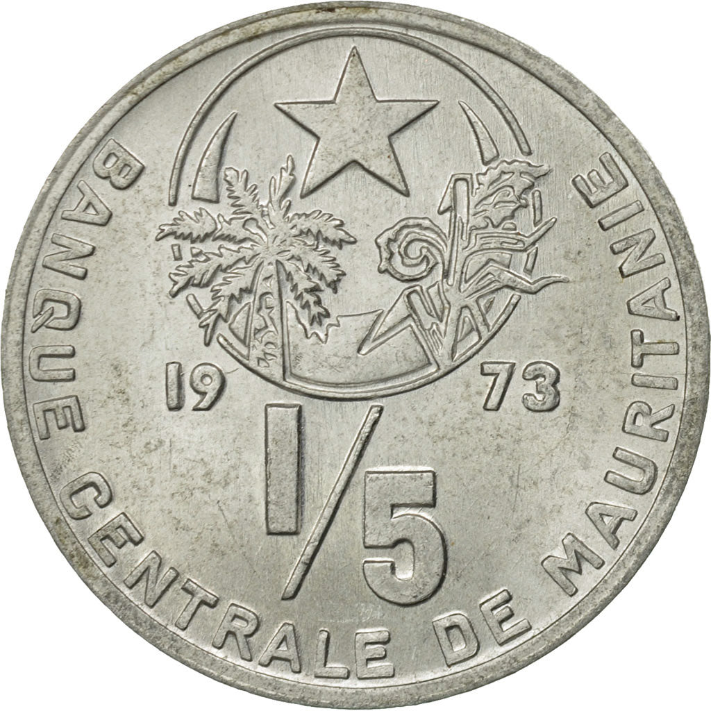 Mauritania, 1/5 Ouguiya, Khoums, 1973, MS(63), Aluminum, KM:1
