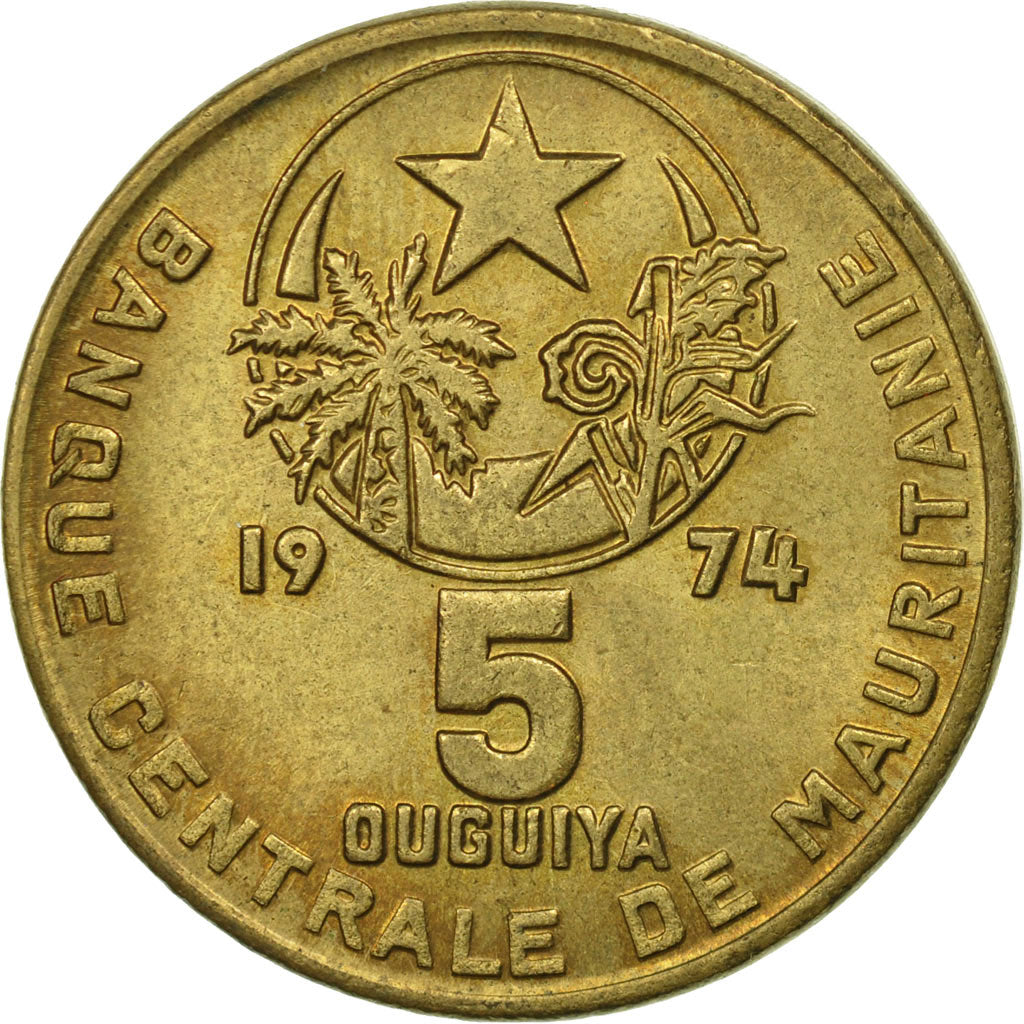 Mauritania, 5 Ouguiya, 1974, MS(63), Aluminum-Bronze, KM:3