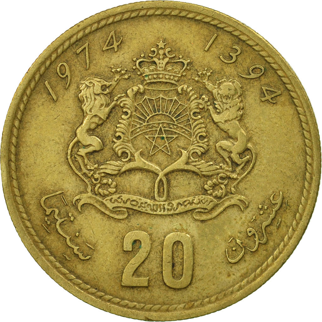 Coin, Morocco, al-Hassan II, 20 Santimat, 1974, MS(60-62), Aluminum-Bronze