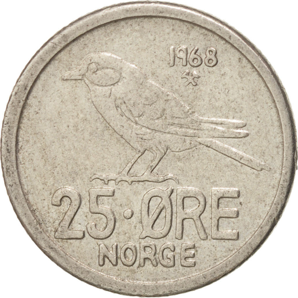 Norvegia, Olav V, 25 Öre, 1968, BB+, Rame-nichel, KM:407