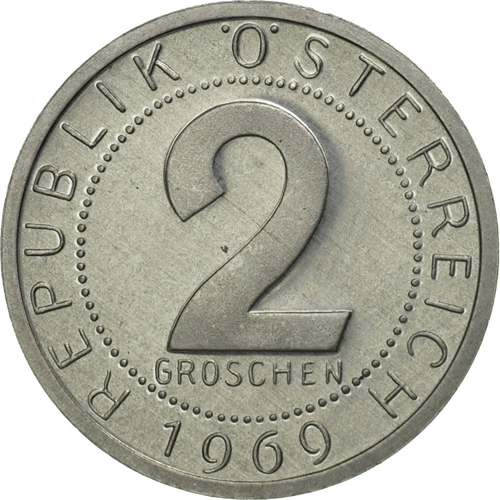 Austria, 2 Groschen, 1969, MS(63), Aluminum, KM:2876