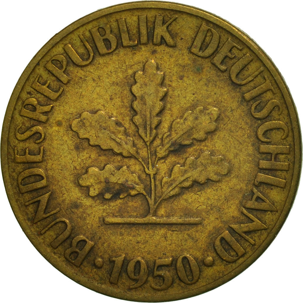 Moneda, ALEMANIA - REPÚBLICA FEDERAL, 10 Pfennig, 1950, Karlsruhe, EBC+, Latón