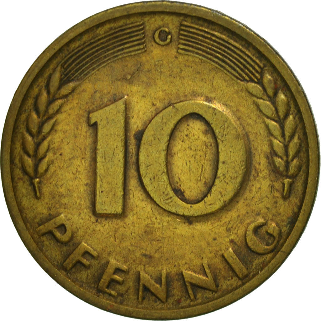 Moneda, ALEMANIA - REPÚBLICA FEDERAL, 10 Pfennig, 1950, Karlsruhe, EBC+, Latón