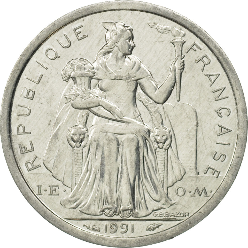 Coin, New Caledonia, Franc, 1991, Paris, MS(63), Aluminum, KM:10
