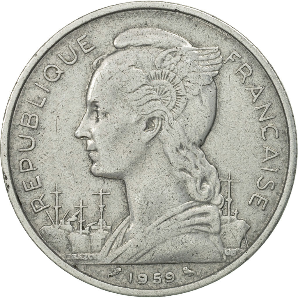 French Somaliland, 5 Francs, 1959, Paris, MS(63), Aluminum, KM:10