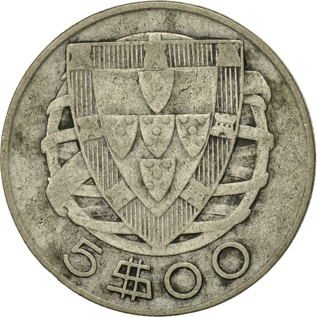 Portugal, 5 Escudos, 1947, AU(55-58), Silver, KM:581