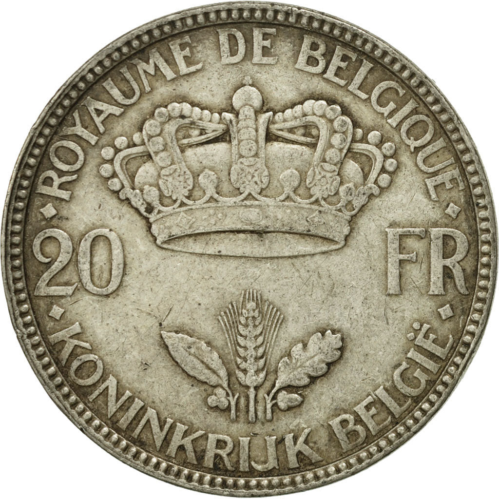 Belgium, 20 Francs, 20 Frank, 1935, AU(55-58), Silver, KM:105