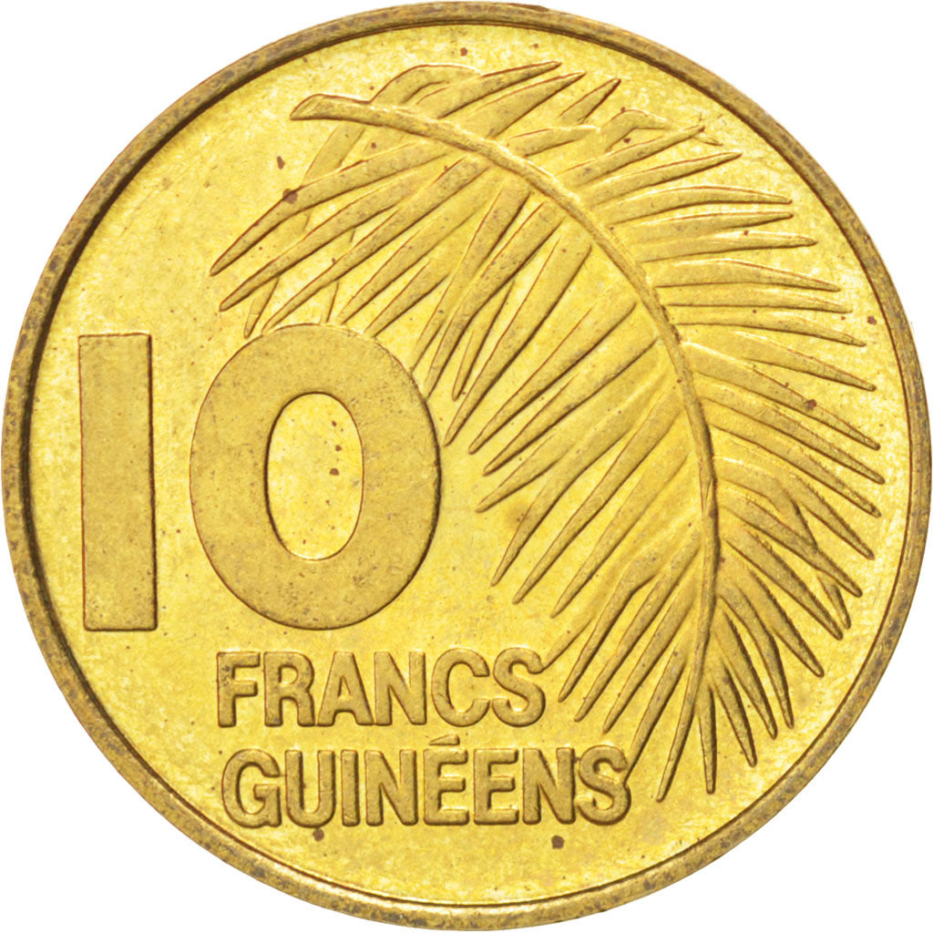 GUINEA, 10 Francs, 1985, KM #52, MS(63), Brass Clad Steel, 20.4