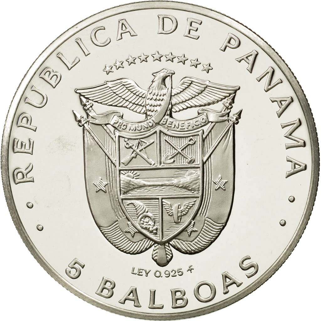 Coin, Panama, 5 Balboas, 1975, U.S. Mint, MS(64), Silver, KM:40.1a