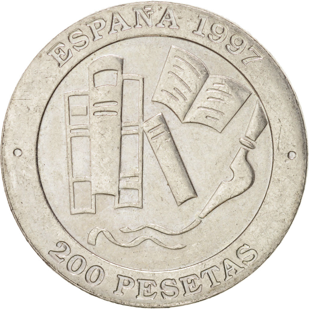SPAIN, 200 Pesetas, 1997, Madrid, KM #986, AU(55-58), Copper-Nickel, 25.5