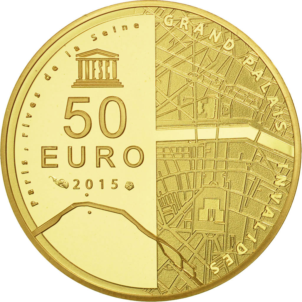 Coin, France, 50 Euro, UNESCO Rives de la Seine, 2015, MS(65-70), Gold