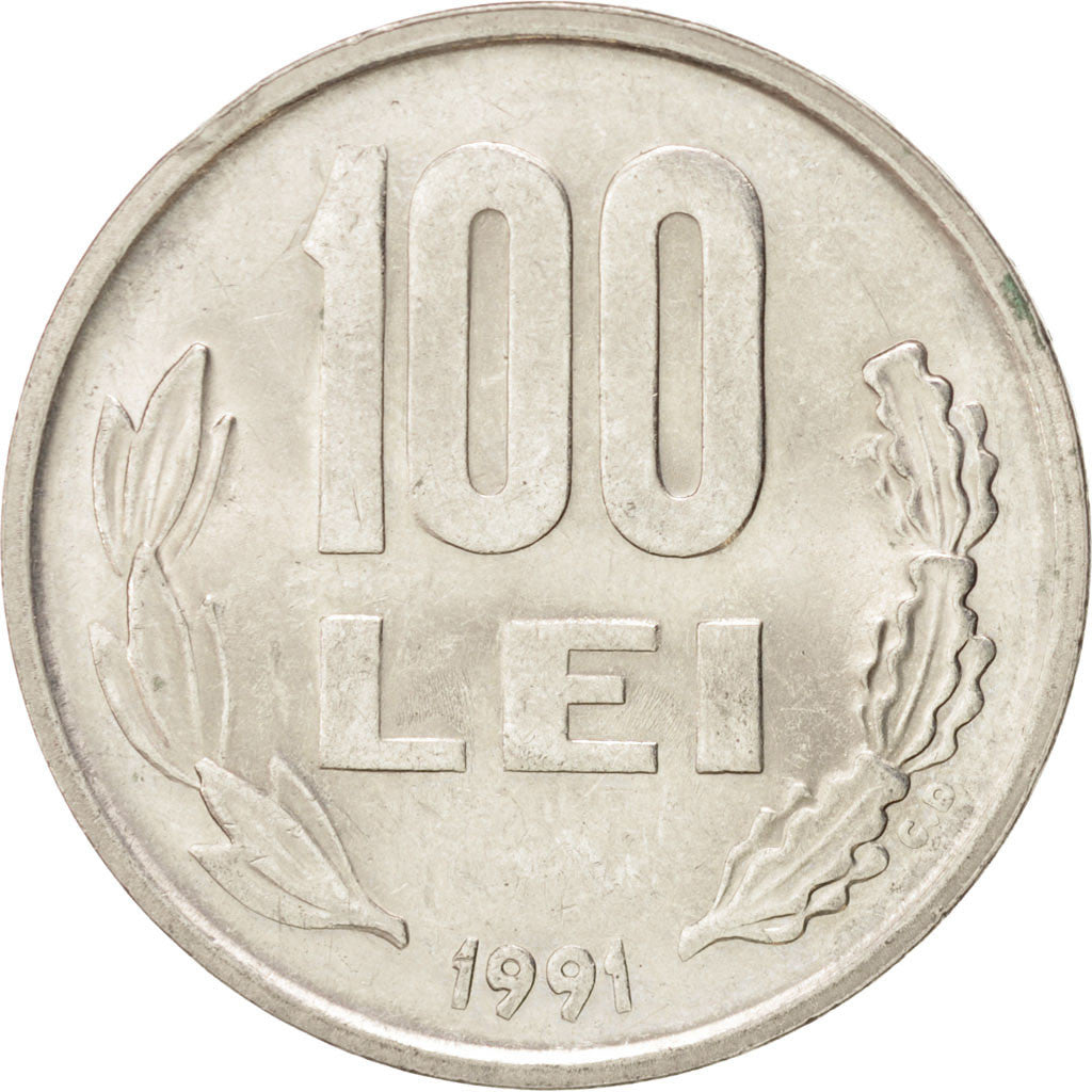 ROMANIA, 100 Lei, 1991, KM #111, MS(63), Nickel Plated Steel, 29
