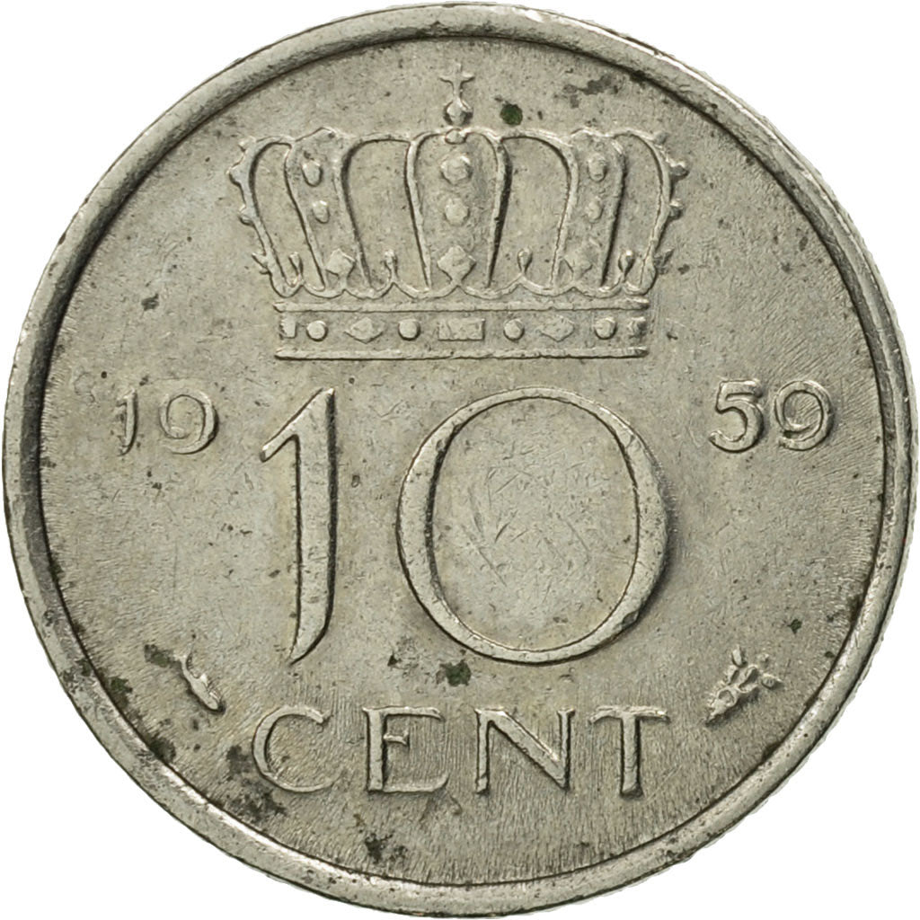 Coin, Netherlands, Juliana, 10 Cents, 1959, AU(55-58), Nickel, KM:182