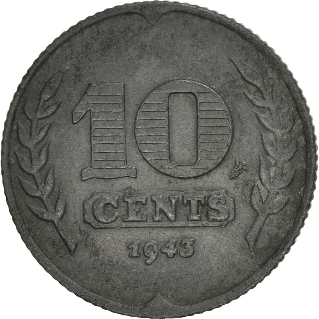 Netherlands, Wilhelmina I, 10 Cents, 1943, AU(50-53), Zinc, KM:173