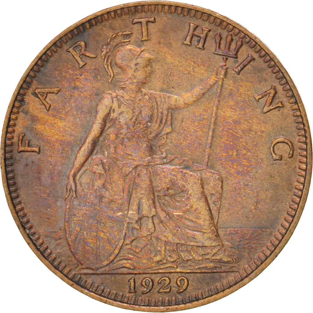 GREAT BRITAIN, Farthing, 1929, KM #825, AU(50-53), Bronze, 20