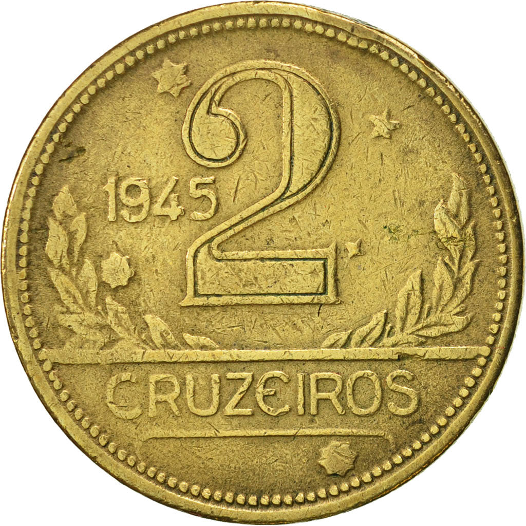 Coin, Brazil, 2 Cruzeiros, 1945, AU(50-53), Aluminum-Bronze, KM:559