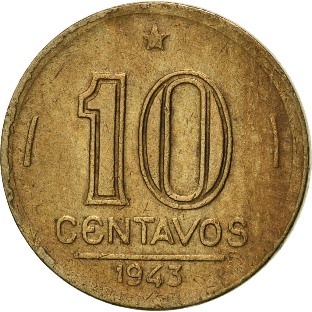 Brazil, 10 Centavos, 1943, AU(50-53), Aluminum-Bronze, KM:555a.1