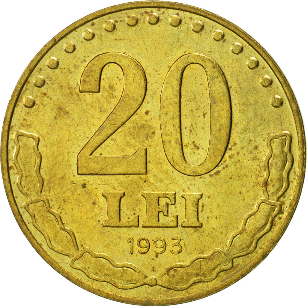 Romania, 20 Lei, 1993, AU(55-58), Brass Clad Steel, KM:109